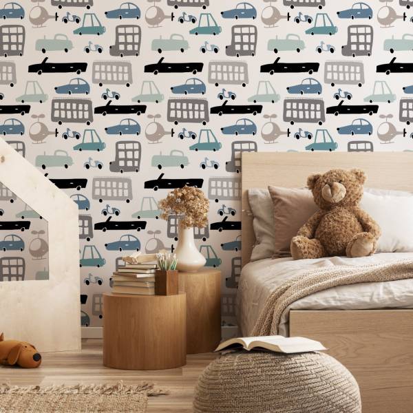 TAPETE Kinderzimmer Fahrzeuge Autos Beige - Schwarz - Blau - Grau - Weiß - Papier - 53 x 1000 x 1000 cm