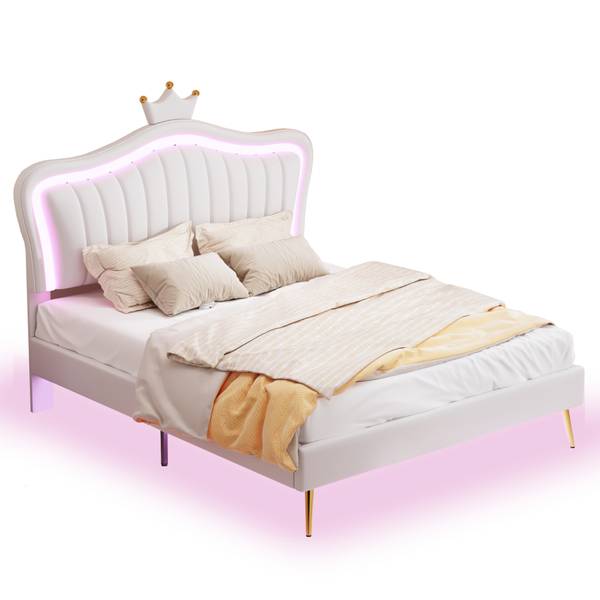 Lit capitonné GLOWPUER Ⅱ Blanc - Bois manufacturé - Métal - Cuir synthétique - 152 x 134 x 203 cm