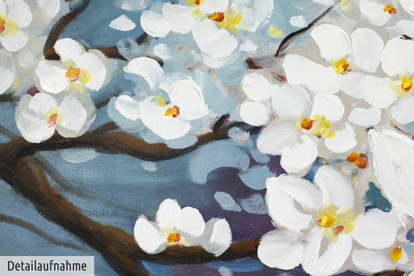 Acrylbild Handgemalt Blüten Zap Blau - Weiß - Baumwollstoff - 140 x 70 x 4 cm