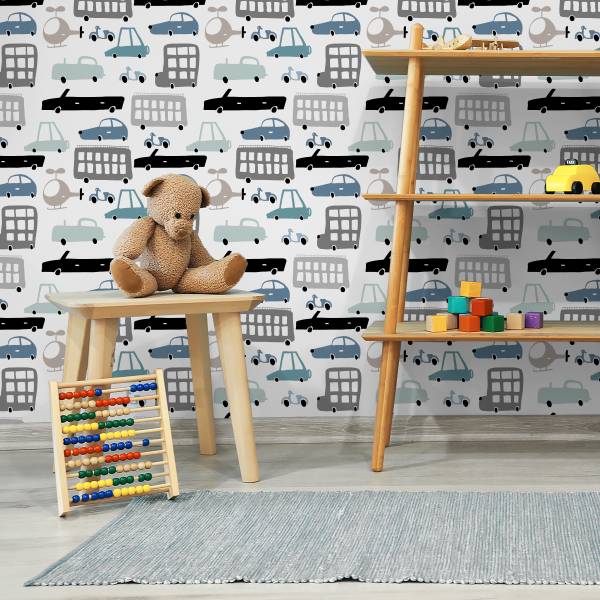 TAPETE Kinderzimmer Fahrzeuge Autos Beige - Schwarz - Blau - Grau - Weiß - Papier - 53 x 1000 x 1000 cm