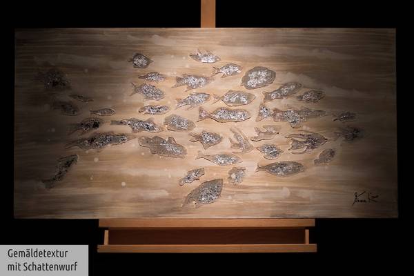 Acrylbild Handgemalt Fische Qo Beige - Baumwollstoff - 100 x 50 x 4 cm