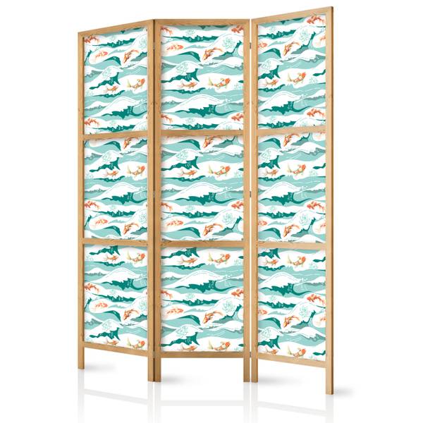 Paravent Wasserwellen Fisch 3-tlg Blau - Grün - Orange - Weiß - Holzwerkstoff - Textil - 135 x 172 x 3 cm