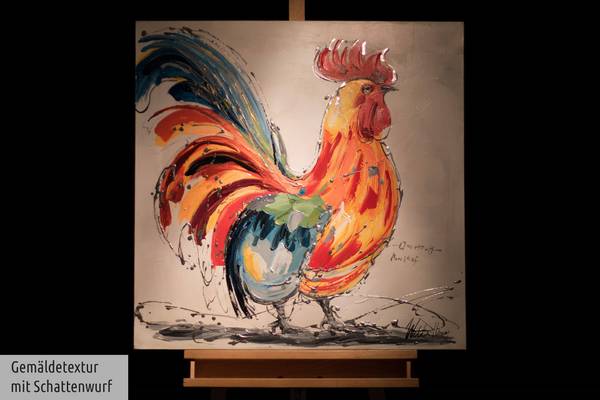 Acrylbild Handgemalt Hahn Jec Baumwollstoff - 80 x 80 x 4 cm