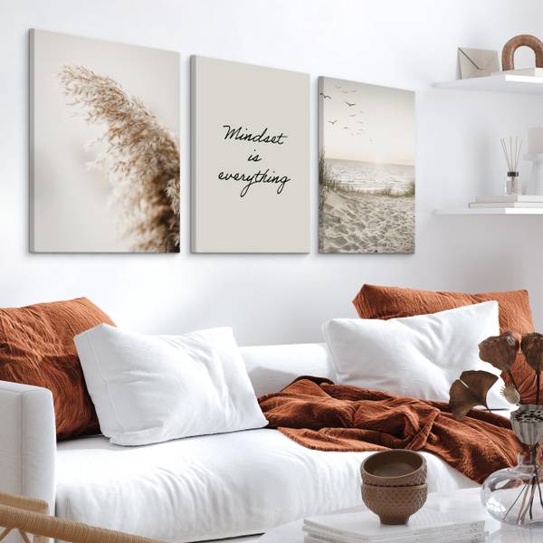 Set De Tableaux Plage Citation Plantes Beige - Noir - Vert - Lin - 90 x 40 x 40 cm