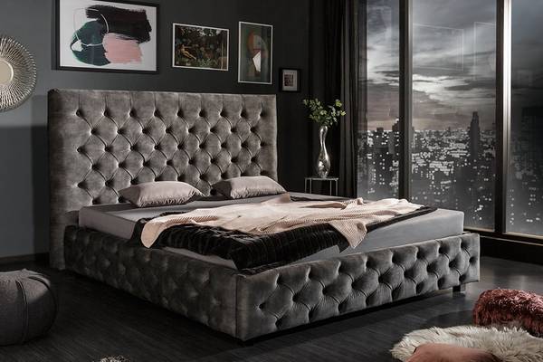 Doppelbett PARIS Grau - Grün - Polyester - Samt - Gummibaum - 190 x 138 x 220 cm
