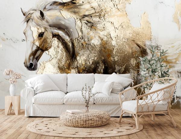 Papier Peint CHEVAL Béton Abstraction Beige - 270 x 180 x 180 cm