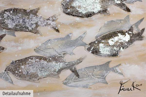 Acrylbild Handgemalt Fische Yi Beige - Grau - Baumwollstoff - 120 x 60 x 4 cm