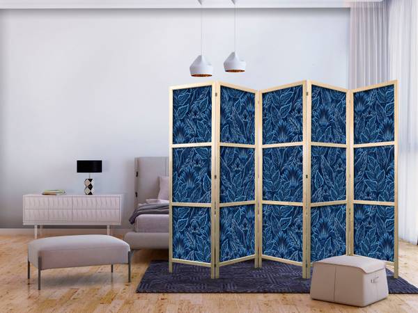 Paravent Botanik Blätter 5-tlg Schwarz - Blau - Holzwerkstoff - Textil - 225 x 172 x 3 cm