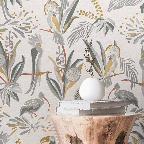 Vliestapete Vogel Floral Grau Gelb Rot Grau