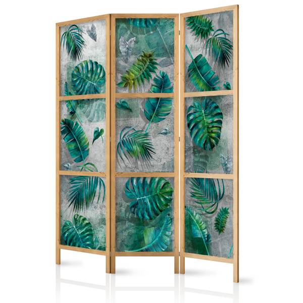 Paravent Beton Blätter 3-tlg Grau - Grün - Gelb - Holzwerkstoff - Textil - 135 x 172 x 3 cm