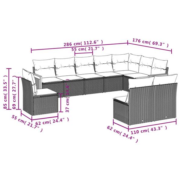 Garten-Lounge-Set 3035002-1 10-teilig Schwarz - Weiß - Polyrattan - 55 x 69 x 62 cm