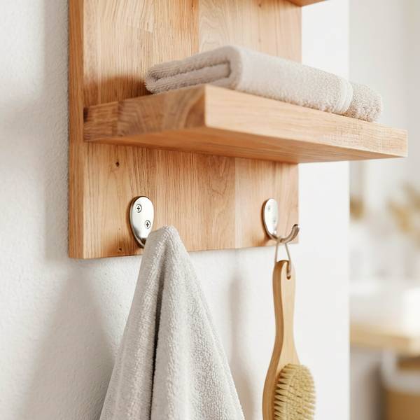 Wandregal Bad mit 4 Ablagen & 2 Haken Braun - Stahl - 28 x 60 x 16 cm