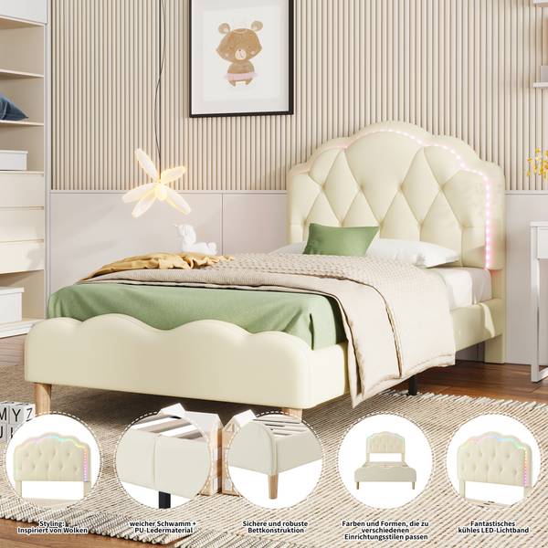 Polsterbett Lotte Beige - Holzwerkstoff - Massivholz - Kunstleder - 95 x 107 x 206 cm