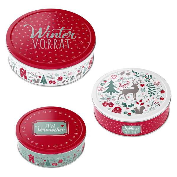Weihnachts-Keksdosen 3er Set - Runde Metall-Dosen In Rot Für Plätzchen & Dekoration