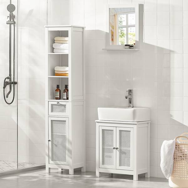 Armoire Salle De Bain 6 Compartiments - 70x35x187 Cm, Blanche - Rangement Spacieux Pour Serviettes, Produits