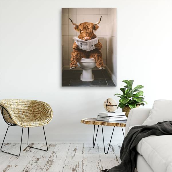 Wandbild schottische kuh mit zeitung auf 70 x 100 cm