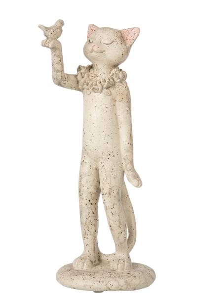 Katze mit Vogel Beige - Polyresin - 8 x 27 x 10 cm