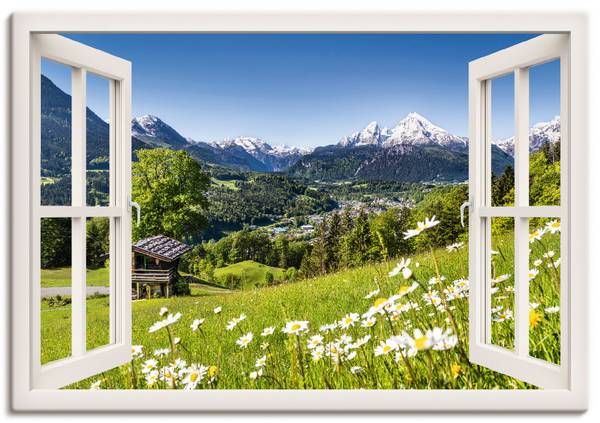 Leinwandbild Fenster Bayerischen Alpen 130 x 90 cm