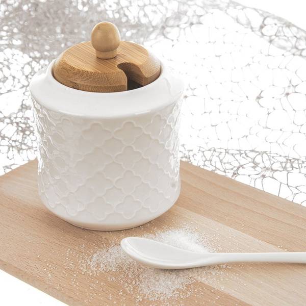 Zuckerdose mit Löffel WHITELINE Weiß - Bambus - Keramik - 9 x 12 x 9 cm