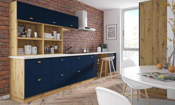 Küchenzeile BONN A2 (Vollauszug) Blau - Braun - Stahl - 300 x 207 x 59 cm