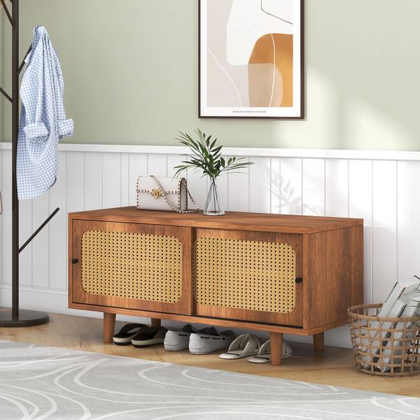 Schoenenkast Natur Ⅱ bruin - plaatmateriaal op houtbasis - polyrotan - 40 x 48 x 104 cm