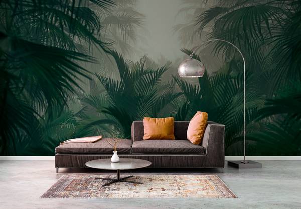Fotobehang Jungle grijs - groen - wit - vinyl - 350 x 255 x 1 cm