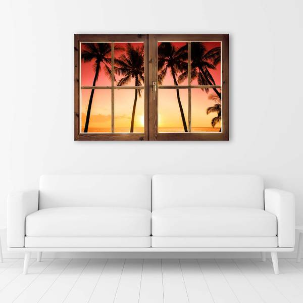 Wandbild fenster – palmen und sonne 60 x 40 cm