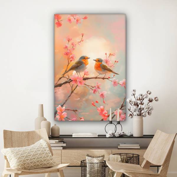 LEINWANDBILD Rotkehlchen Pink - Baumwollstoff - 80 x 120 x 2 cm