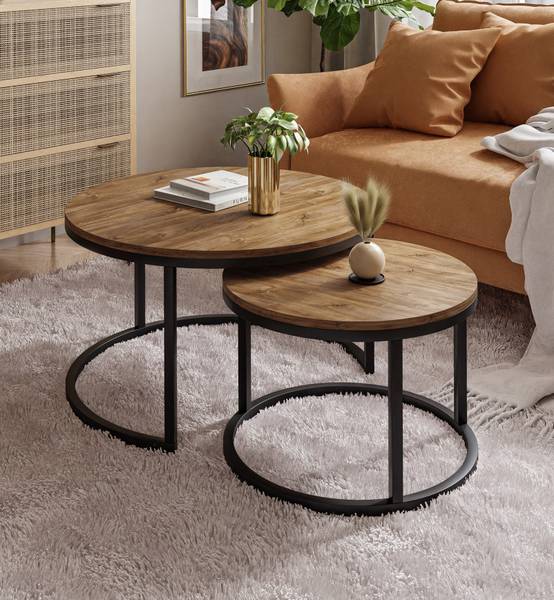 Set Couchtisch CIRI Eiche Stirling Dekor - 70 x 70 cm - Durchmesser: 70 cm - Schwarz