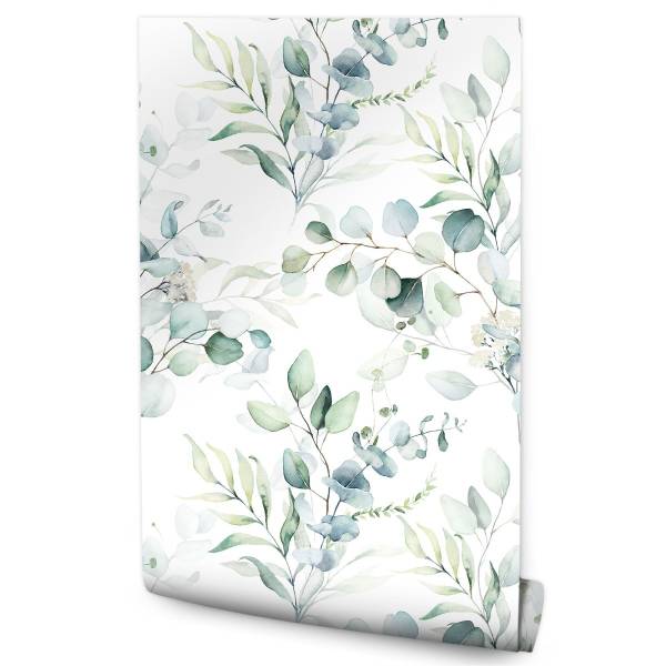 Tapete Aquarell Eukalyptus Blätter Beige - Blau - Braun - Grün - Weiß - Papier - 53 x 1000 x 1000 cm
