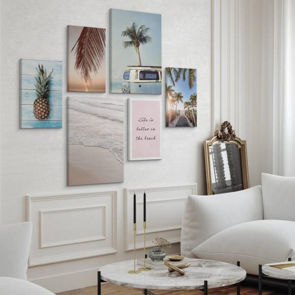 Set De Tableaux Mer Palmiers Nature 3D Beige - Bleu - Marron - Lin - 90 x 80 x 80 cm