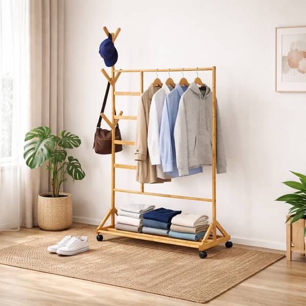 Bambus Kleiderständer mit Rollen Braun - Bambus - Kunststoff - 97 x 171 x 37 cm