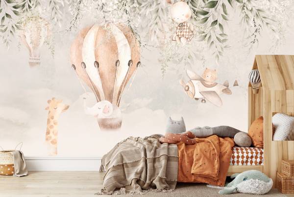 Fototapete TIERE Luftballons Blätter Beige - 368 x 254 x 254 cm