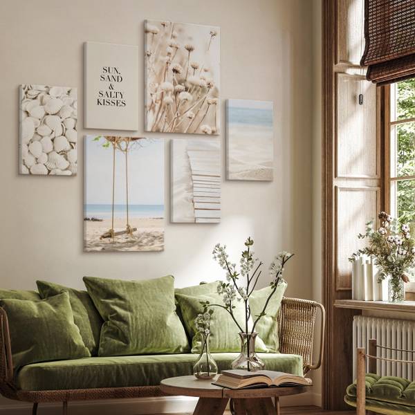 Set De Tableaux Plage Plantes Citation Beige - Bleu - Blanc - Lin - 90 x 80 x 80 cm