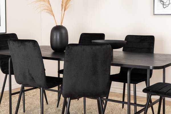 Essgruppe Uno + Windu (7-teilig) Schwarz - Samt - 200 x 74 x 90 cm