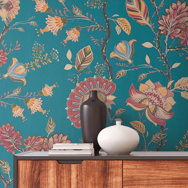 Vliestapete Folk Garden Blau - Multicolor - Rot
