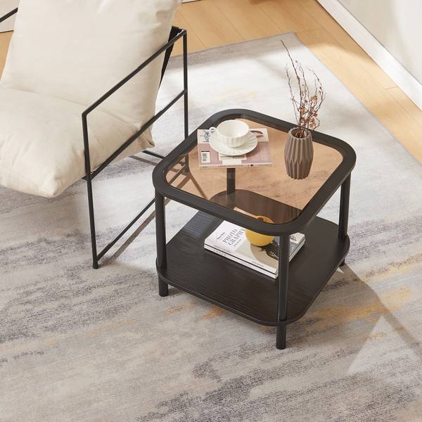 Table d'appoint Latama Noir - Marron - Bambou - Bois manufacturé - Verre - 51 x 45 x 51 cm