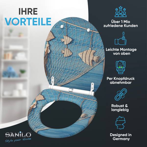 WC-Sitz Seefahrt Blau - Holzwerkstoff - 38 x 6 x 48 cm