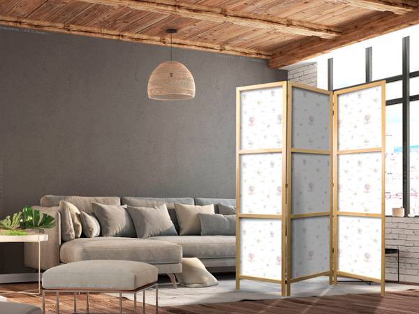 Paravent Luftballons Wolken 3-tlg Beige - Blau - Braun - Weiß - Holzwerkstoff - Textil - 135 x 172 x 3 cm