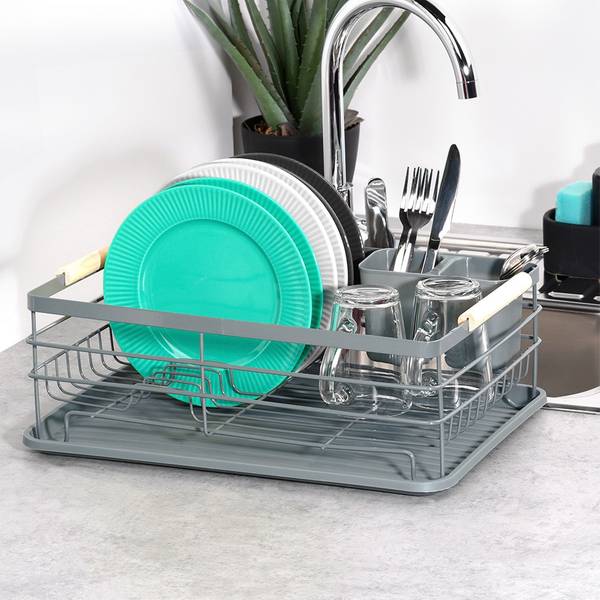 Abtropfgestell mit Besteckhalter Grau - Edelstahl - 29 x 15 x 43 cm