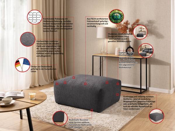 Ecksofa Lennon mit Hocker Graphit - Ecke davorstehend rechts