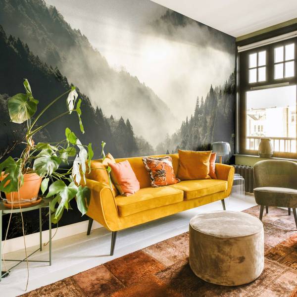 Fototapete WALD IM NEBEL Bäume Natur 3D Grün - Fleece - 135 x 90 x 90 cm