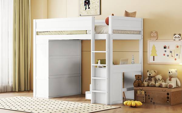 Hochbett mit Schreibtisch-O28109 Weiß - Massivholz - 165 x 165 x 205 cm