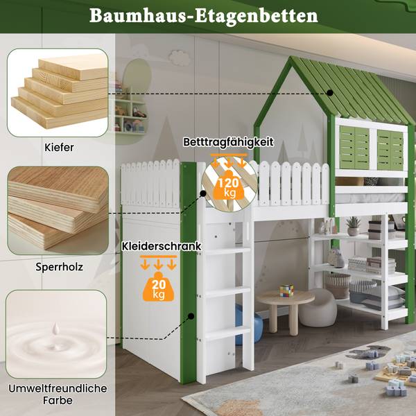 Hausbett Screxits Grün - Weiß - Holzwerkstoff - 81 x 209 x 245 cm