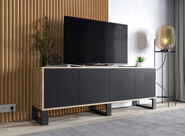 Meuble TV APOLLO 2 Noir - Imitation chêne Wotan