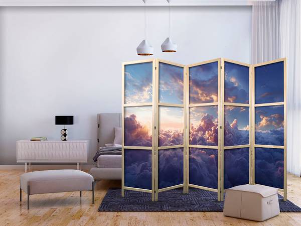 Paravent Sonnenuntergang Wolken 5-tlg Blau - Grau - Pink - Weiß - Holzwerkstoff - Textil - 225 x 172 x 3 cm
