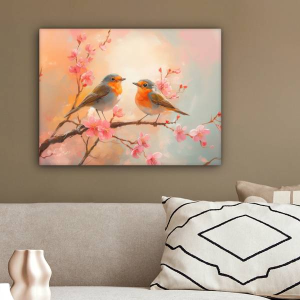 LEINWANDBILD Rotkehlchen Pink - Baumwollstoff - 40 x 30 x 2 cm