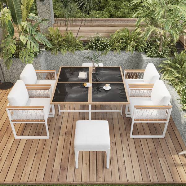 Garten-Essgruppe Anemoi 7-tlg Schwarz - Weiß - Polyester - Webstoff - Akazie - Eisen - 158 x 74 x 230 cm