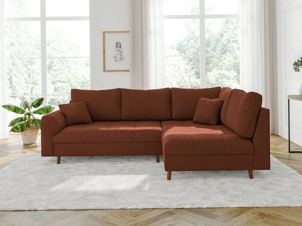 Ecksofa und Hocker Neo, Cord-Stoff Rubinrot - Ecke davorstehend rechts