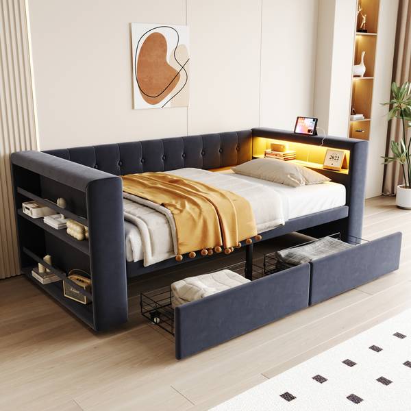 Polsterbett Phoebe Ⅰ Grau - Holzwerkstoff - Textil - 97 x 69 x 214 cm